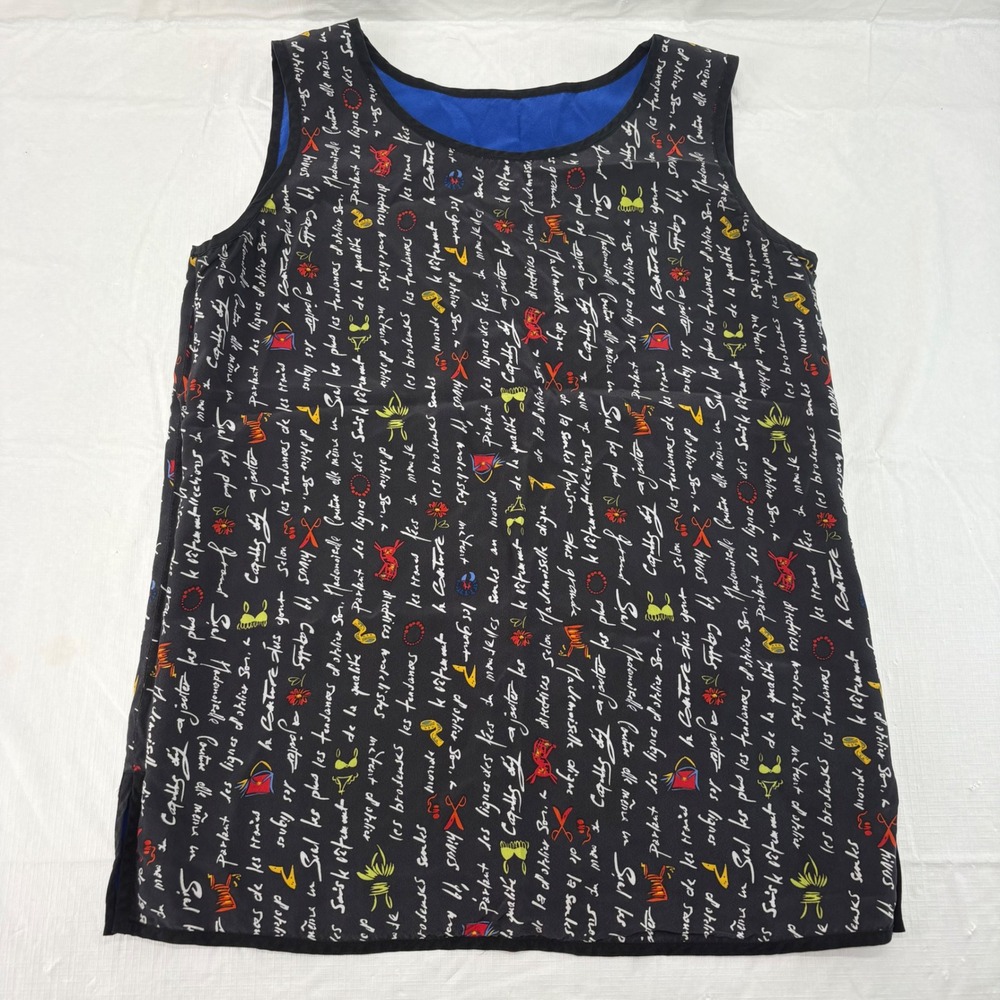 Vintage Style French Script Fashion Print Tank Top Black Blue Lined Sleeveless